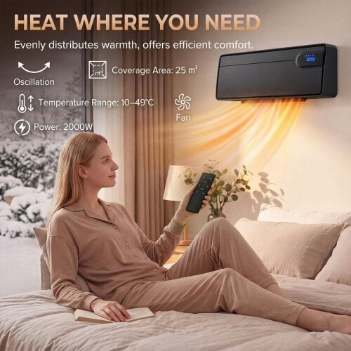 HOMCOM Smart Electric Heater, 2000W Ceramic Wall Mounted, Fan, Black