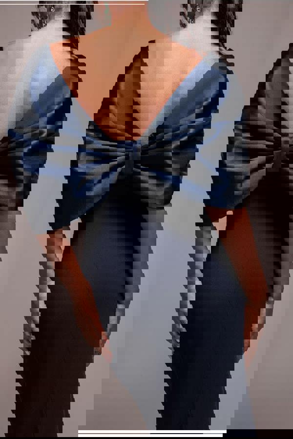 Off Shoulder Back Satin Bow Scuba Maxi Dress - Navy Blue DR4708