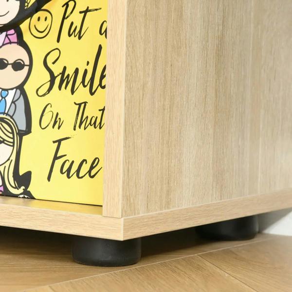 Natural wood-grain cubby shelf base with black protective foot