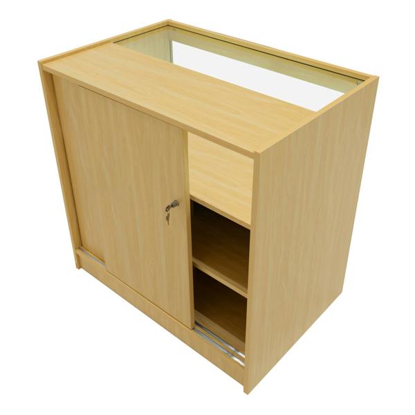 Luna LED Shop Counter Set in maple finish, featuring a sleek design with sliding doors, glass top, and spacious interior shelves