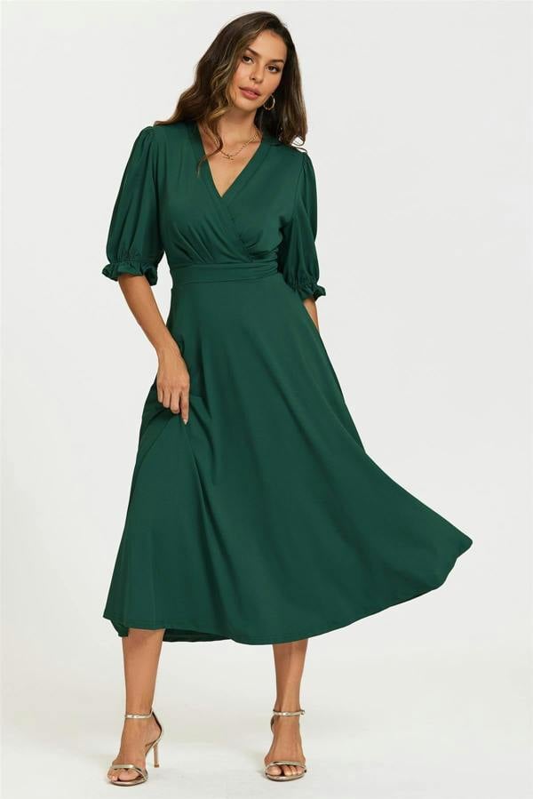 FS Collection Half Sleeves Jersey Midi Dress with Wrap Neckline In Green