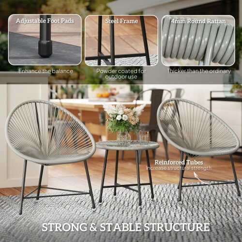 Wyld Haus Nibaco Rattan Rope Grey 3 Piece Outdoor Garden Bistro Set With Glass Top Table