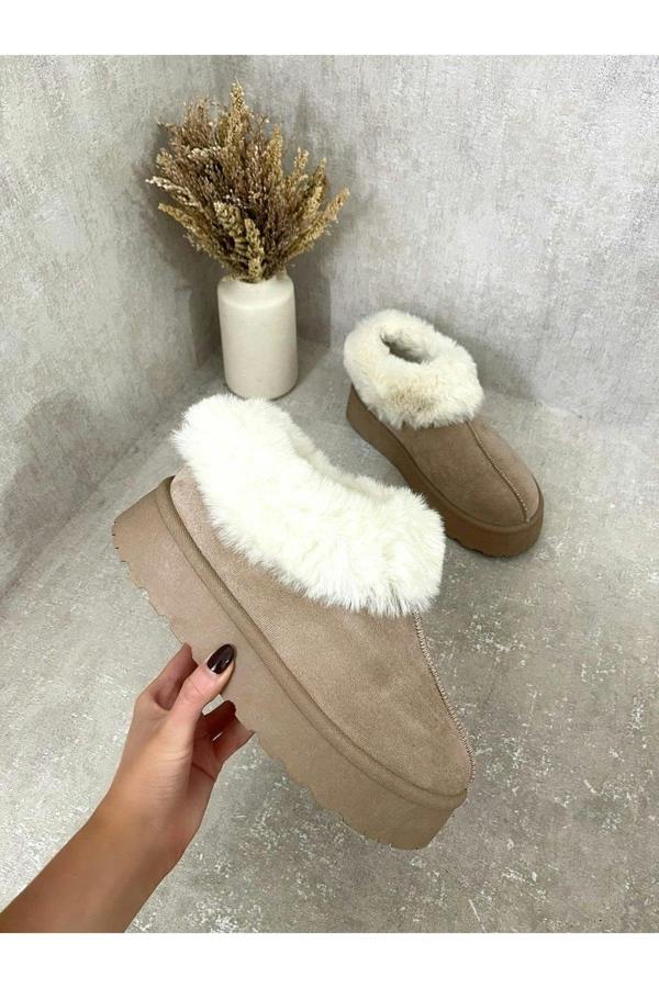 Shella Faux Fur Trim Platform Ankle Boots - Khaki