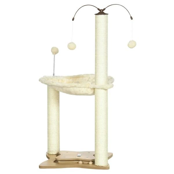 Beige cat tree with scratching posts, hammock perch, and dangling toy balls