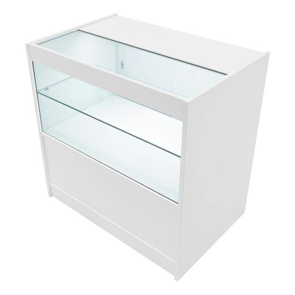 Theia LED Shop Counter Set in white, featuring a sleek design, glass display shelves, and a smooth finish for modern retail spaces