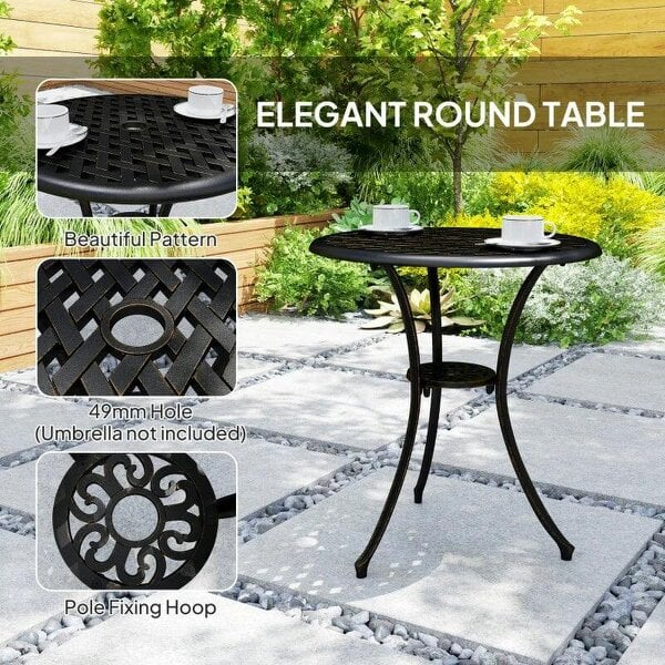 Bobobiy 3 Pieces Garden Dining Set for 2, Cast Aluminium Outdoor Dining Set with 2 Armchairs and Round Dining Table with Parasol Hole, Bronze Tone