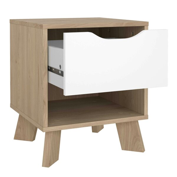 Wyld Haus Hobro White and Natural Oak Wood Nightstand 1 Drawer