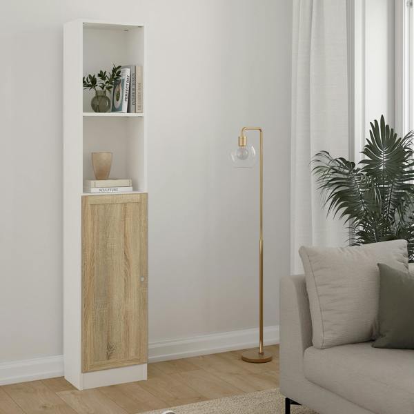 Furniture To Go Basic Tall Narrow Combination Storage Bookcase in White (4 Shelves) with Glass Oak Door