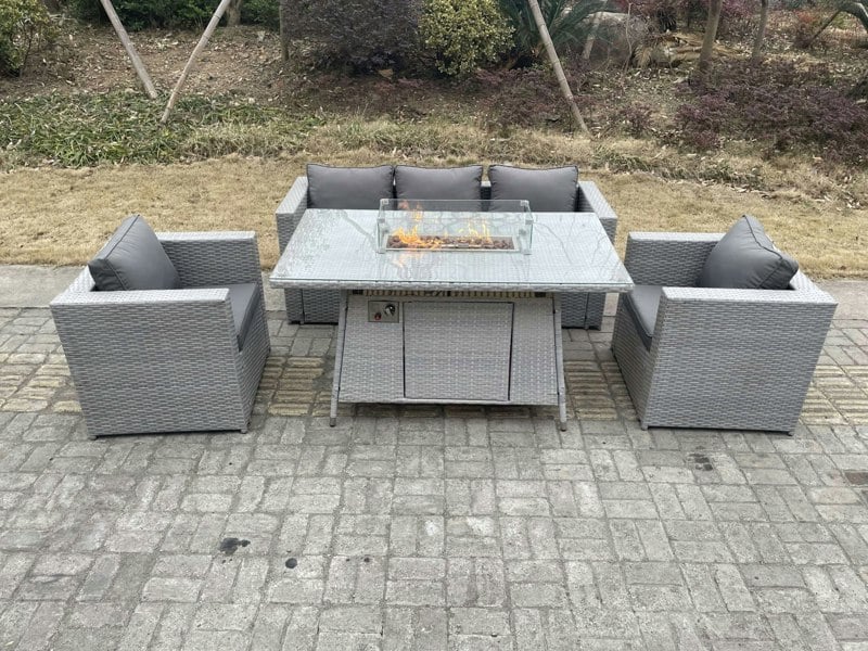 Fimous Light Grey Rattan Gas Fire Pit Garden Furniture Dining Table Set Heater Burner Chairs Lounge Sofa Set Arm Chairs