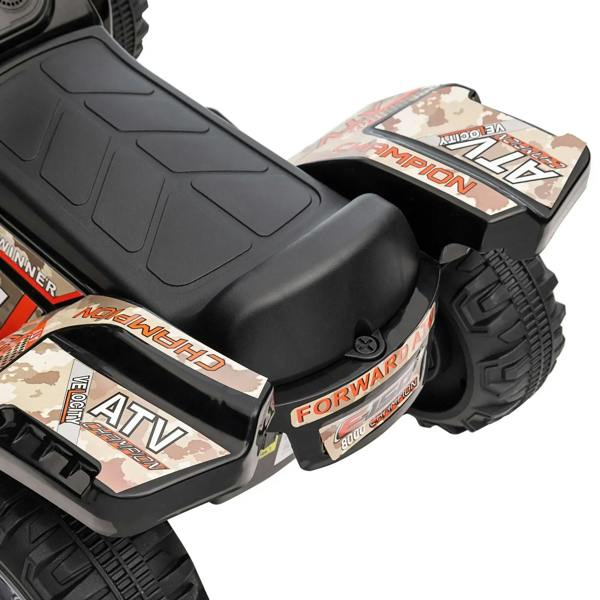 Black ride-on ATV seat and handlebar with colorful side decals and tan headrest