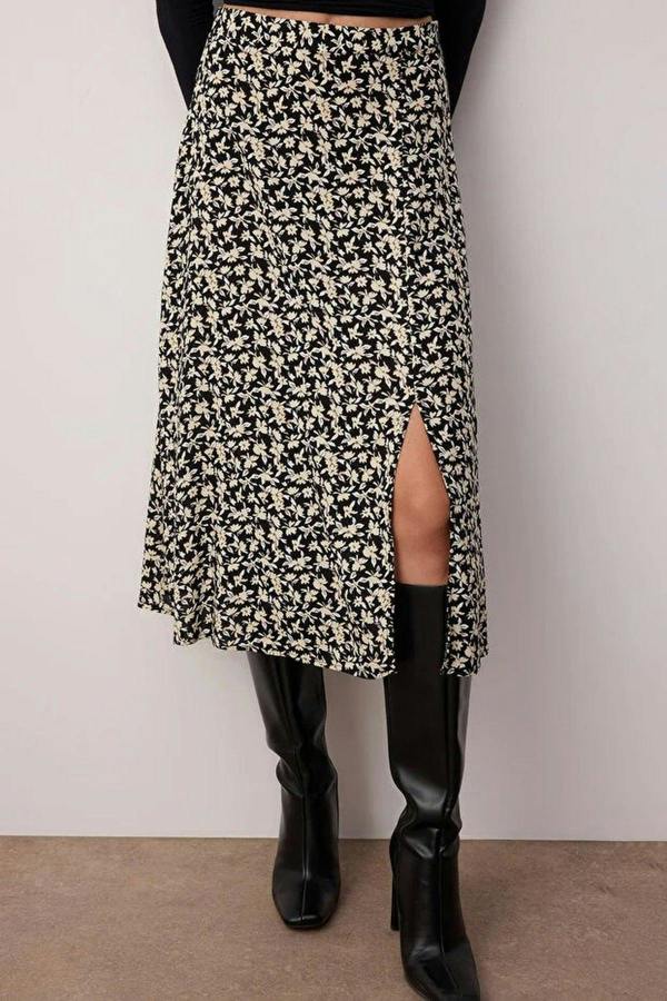 WOVCOR Floral Print Midi Woven Skirt with Slit Detail