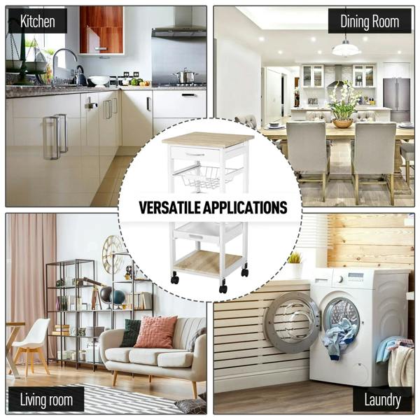 White kitchen trolley on wheels with multiple storage shelves, drawer, and baskets