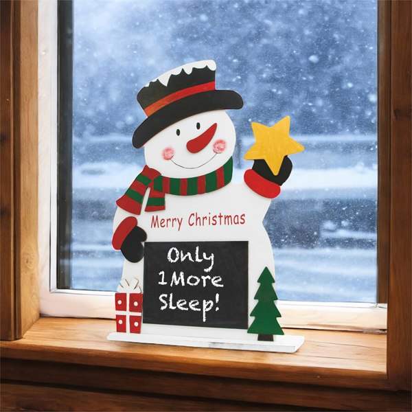 St Helens WOODEN WHITE  SNOWMAN ON STAND WITH CHALKBOARD WI