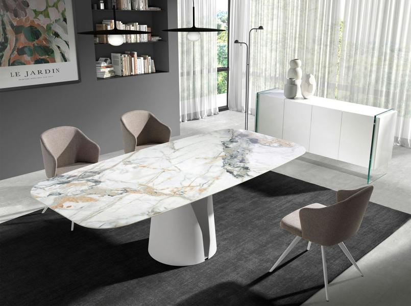Angel Cerdá Oval Barrel porcelain marble and white steel dining table 1135