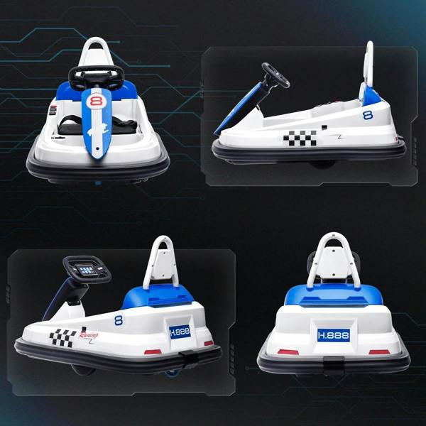 Set of views of white and blue electric bumper car with black base and steering