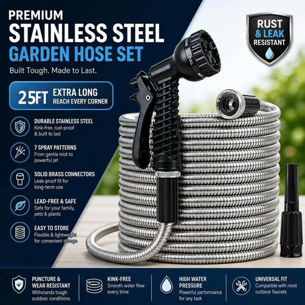 ATEK 25ft Stainless Steel Garden Hose Kink-Free with Spray Gun