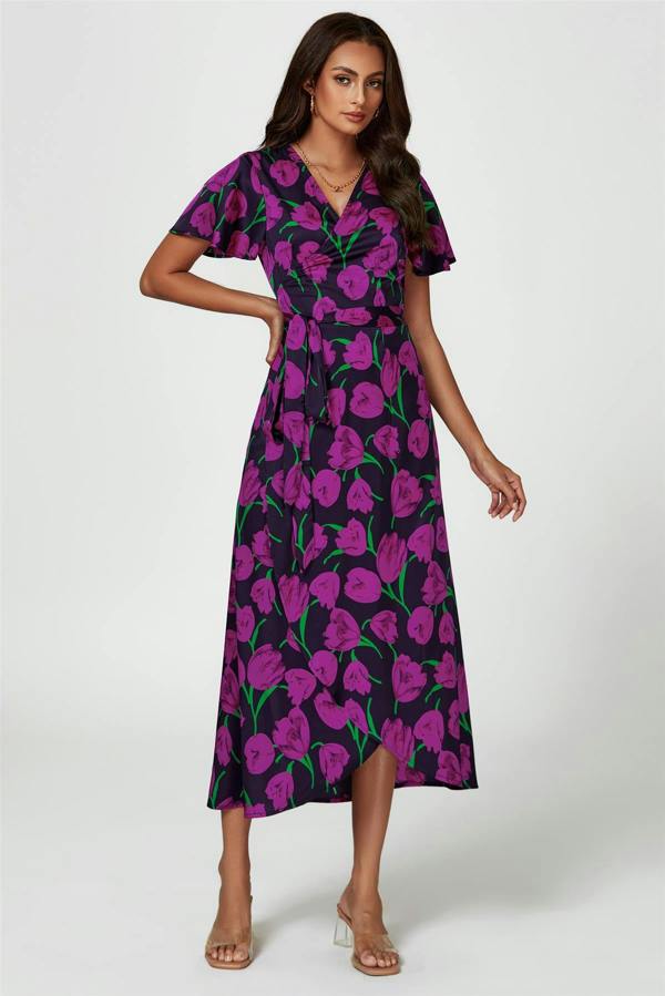 FS Collection Floral Print Satin Wrap Maxi Dress In Magenta