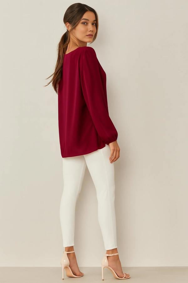 Hoxton Gal Oversized Long Sleeves Pleated Top with Tulle Details in Burgundy with Necklace