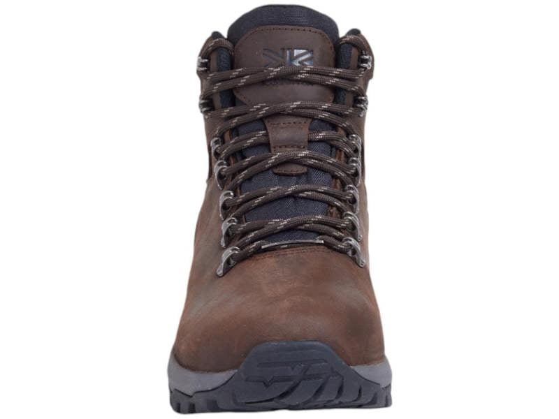 Karrimor Mendip 4 Mens Walking Hiking Lace Up Trek Leather Boots, front view of a brown leather hiking boot with black and brown laces and sturdy outsole for outdoor trekking.