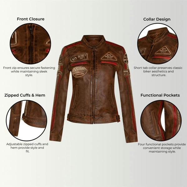 Infinity Leather Womens Leather Biker Racing Badges Jacket-Agadir