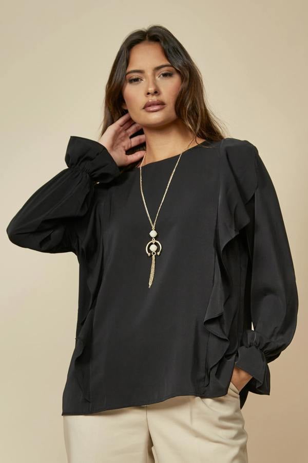 Hoxton Gal Oversized Top Ruffle Front Details in Black