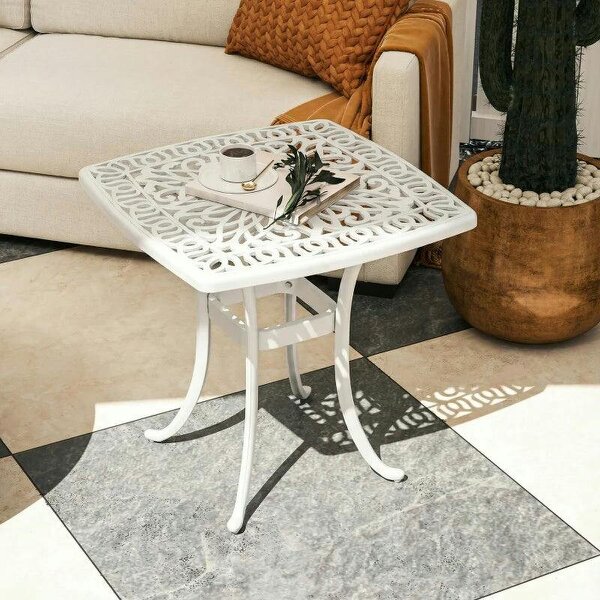 Outdoor Garden Table with 38mm Dia. Umbrella Hole, Cast Aluminium Patio End Table with Anti-slip Foot Pads for Garden - White