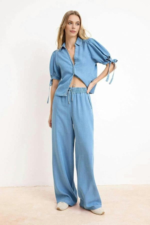 WOVCOR 2-Piece Draped Thin Fabric Denim Top and Bottom