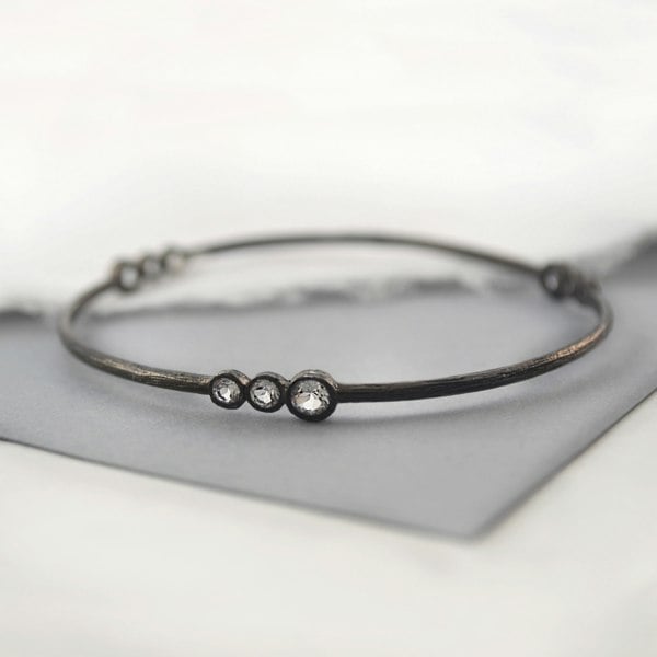 White Topaz Oxidised Sterling Silver November Birthstone Bangle