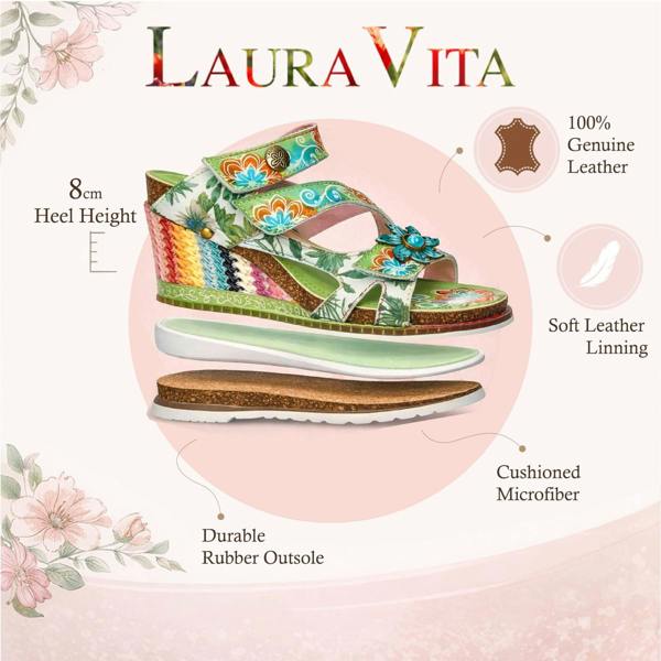 Laura Vita Women's Balade 32 Rose Pink Floral Leather Wedge Espadrille Sandals