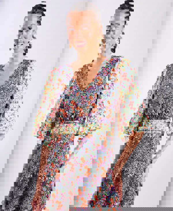 Contrast Floral Angel Sleeve Midi Dress