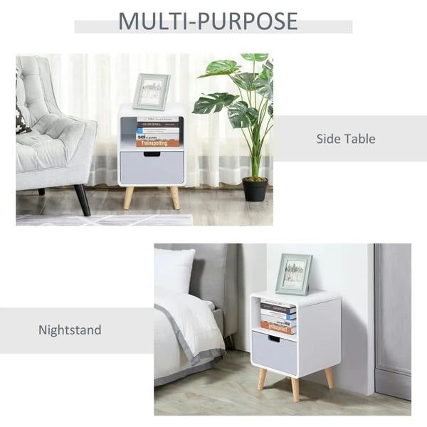 White side table/nightstand with open shelf and drawer, light wood legs