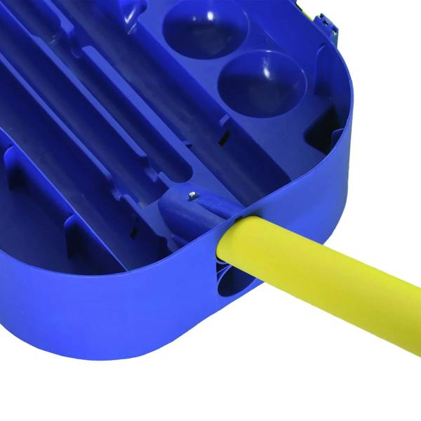 Blue portable carry case with molded compartments holding a lime-yellow pole