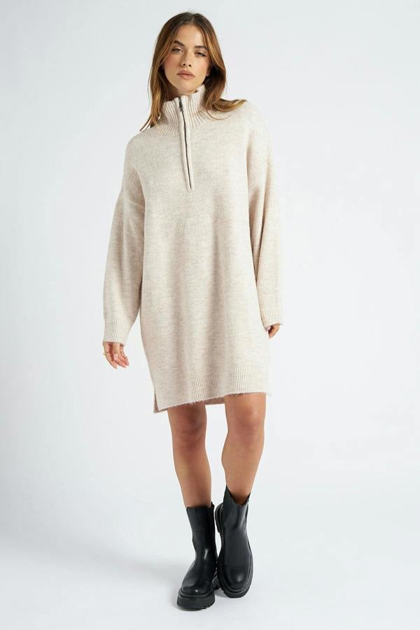 Urban Bliss Oatmeal Plain Oversized Half Zip Dress
