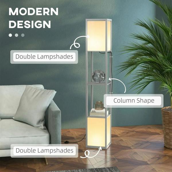 Light grey double-shade standing lamp with narrow vertical column and two glowing sections