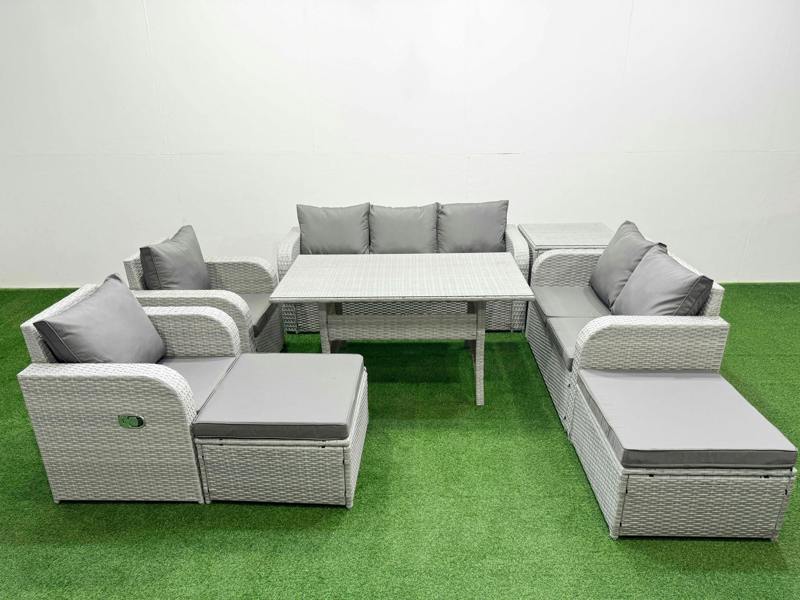 Fimous PE Rattan Garden Furniture Set, Reclining Sofa, Double Love Seat, 2 Seater Lounge, Dining Table, 2 Big Footstool, Side Table, Light Grey