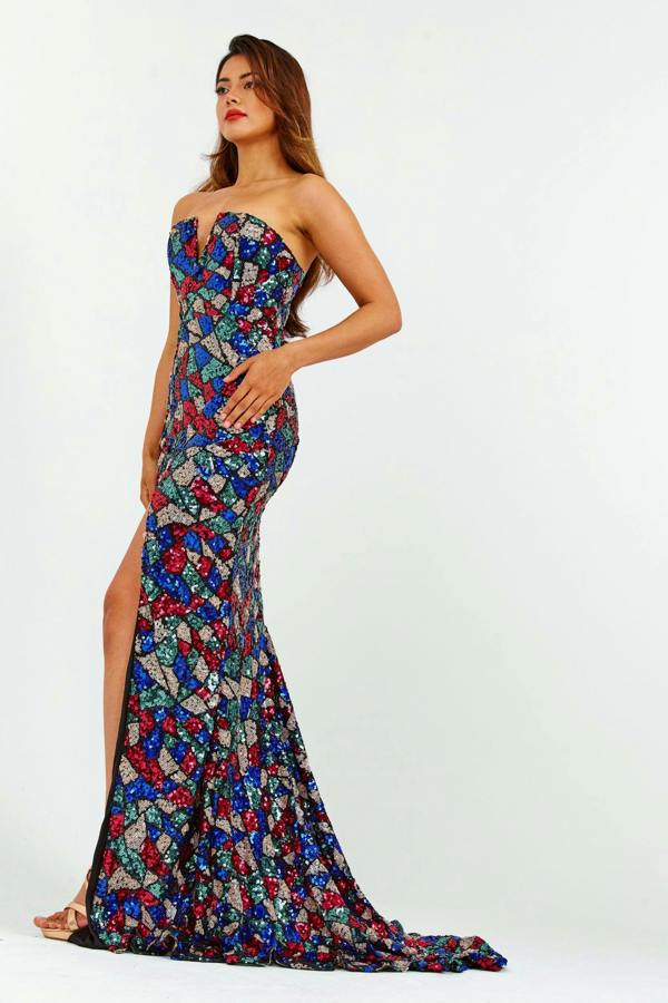 LuvForever Multicoloured Off-Shoulder Sequin Maxi Dress