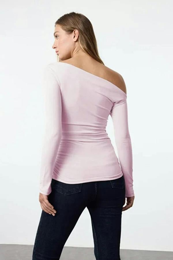 Hoxton Gal Draped/Gathered Detail Long-Sleeve Stretch Knit Fitted Blouse