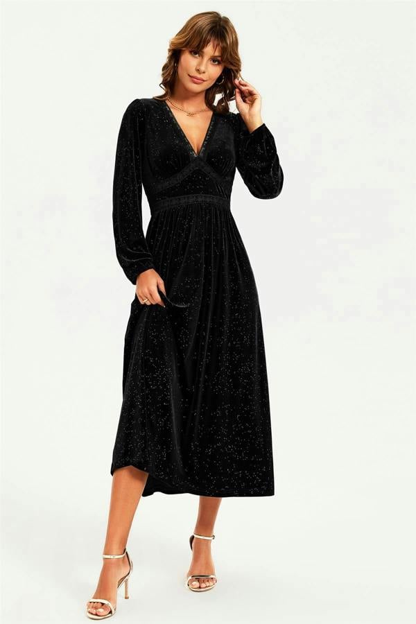 FS Collection Silver Foil Velvet Lace Trim Neckline Midi Dress In Black