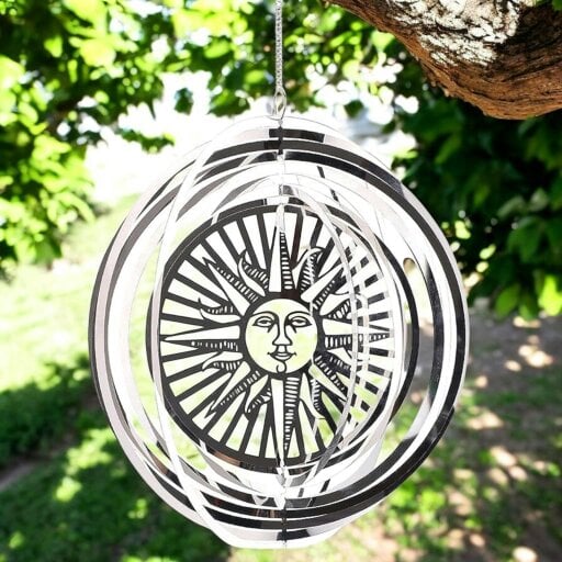 EDH Door Hardware Sun Wind Spinner - Stainless Steel Hanging Garden Décor, Outdoor Metal Art, Solar-Themed Yard Ornament, Kinetic Spinner, Unique Gift