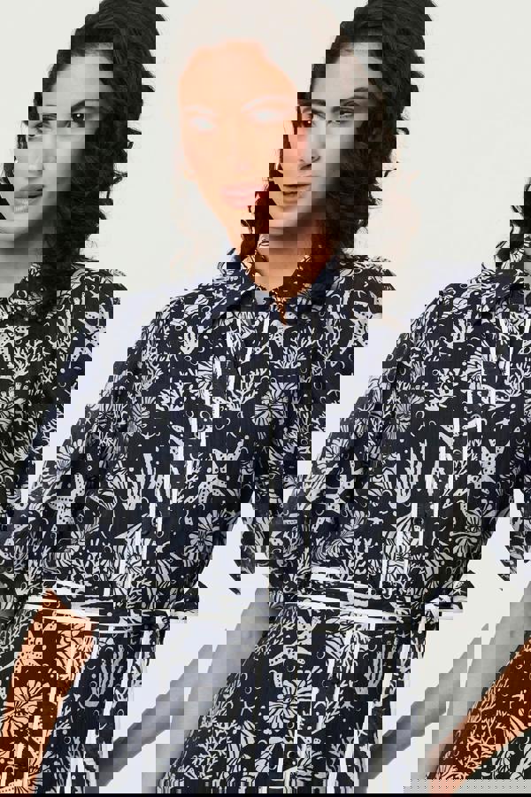 Navy | Tropical Print Puff Sleeve Midi Dress
