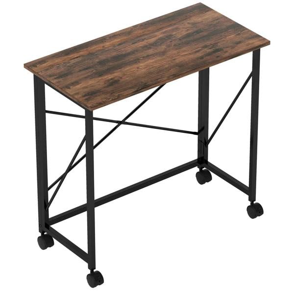 80 cm folding desk on wheels, rustic brown top with black metal frame and caster wheels