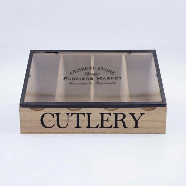 Wooden cutlery box with clear lid on a white background