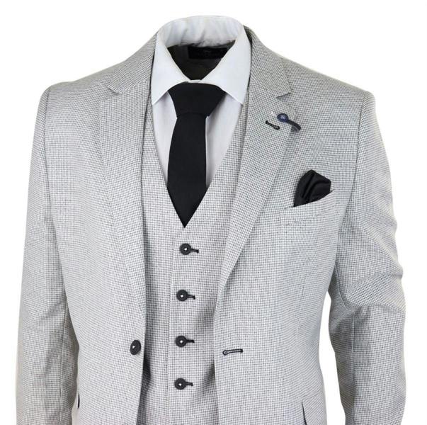House of Cavani Mens 3 Piece Light Grey Check Tweed Retro Classic Suit