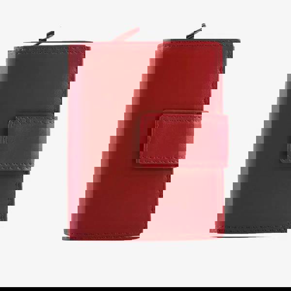 Soft red leather trifold purse with secure tab fastening – front view