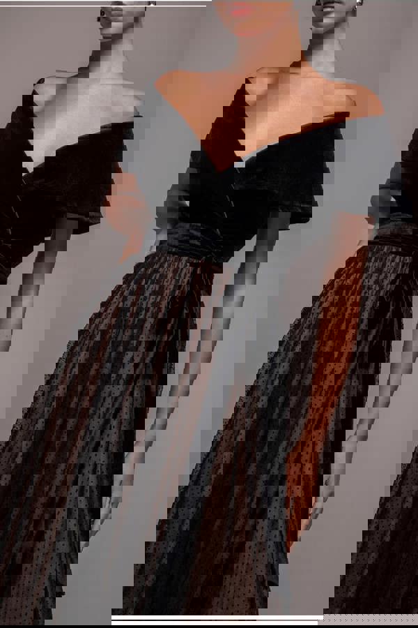 Velvet Bardot Dobby Mesh A Line Maxi Dress - Black DR4827