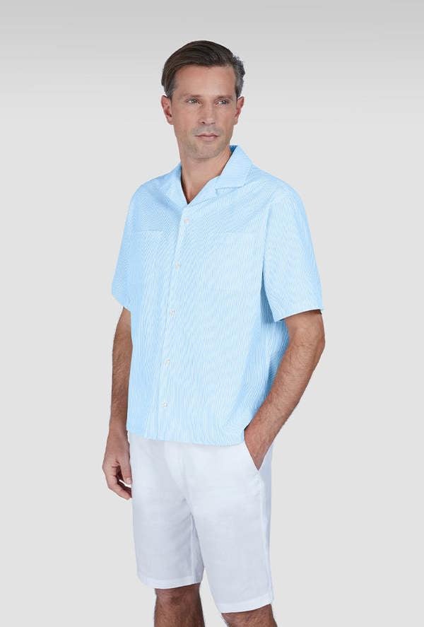 Paul & Shark Men's Riviera Seersucker Cotton Collar Hawaiian Short Sleeve Shirt