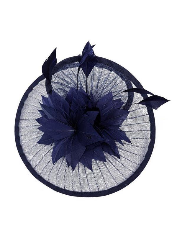Spiral Circular Brim Fascinator with Feathers Burst in Navy - svnx