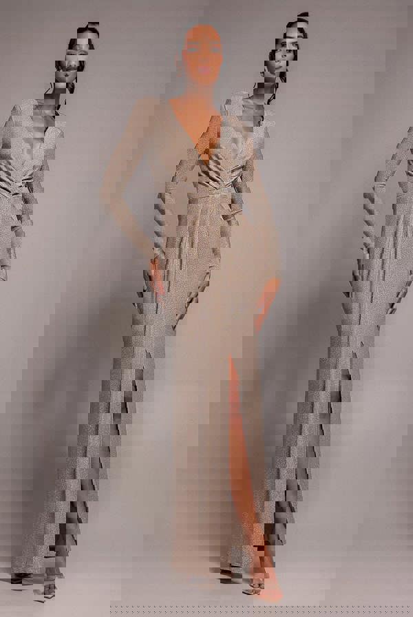 Plunge Neck Wrap Front Split Lurex Maxi Dress - Nude DR3314