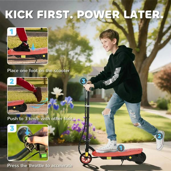 Red electric kids scooter with rider using foot to start, outdoor pose.