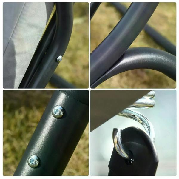 Powder-coated metal support frame with bolts and spring connection on grey swing chair